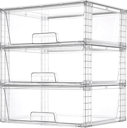 Vtopmart 3 Pack Large Stackable Storage Drawers,Easily Assemble Clear Acrylic Bathroom Closet Undersink Organizers,Plastic Storage Bins for Cabinet,Kitchen Pantry,Medicine Organization
