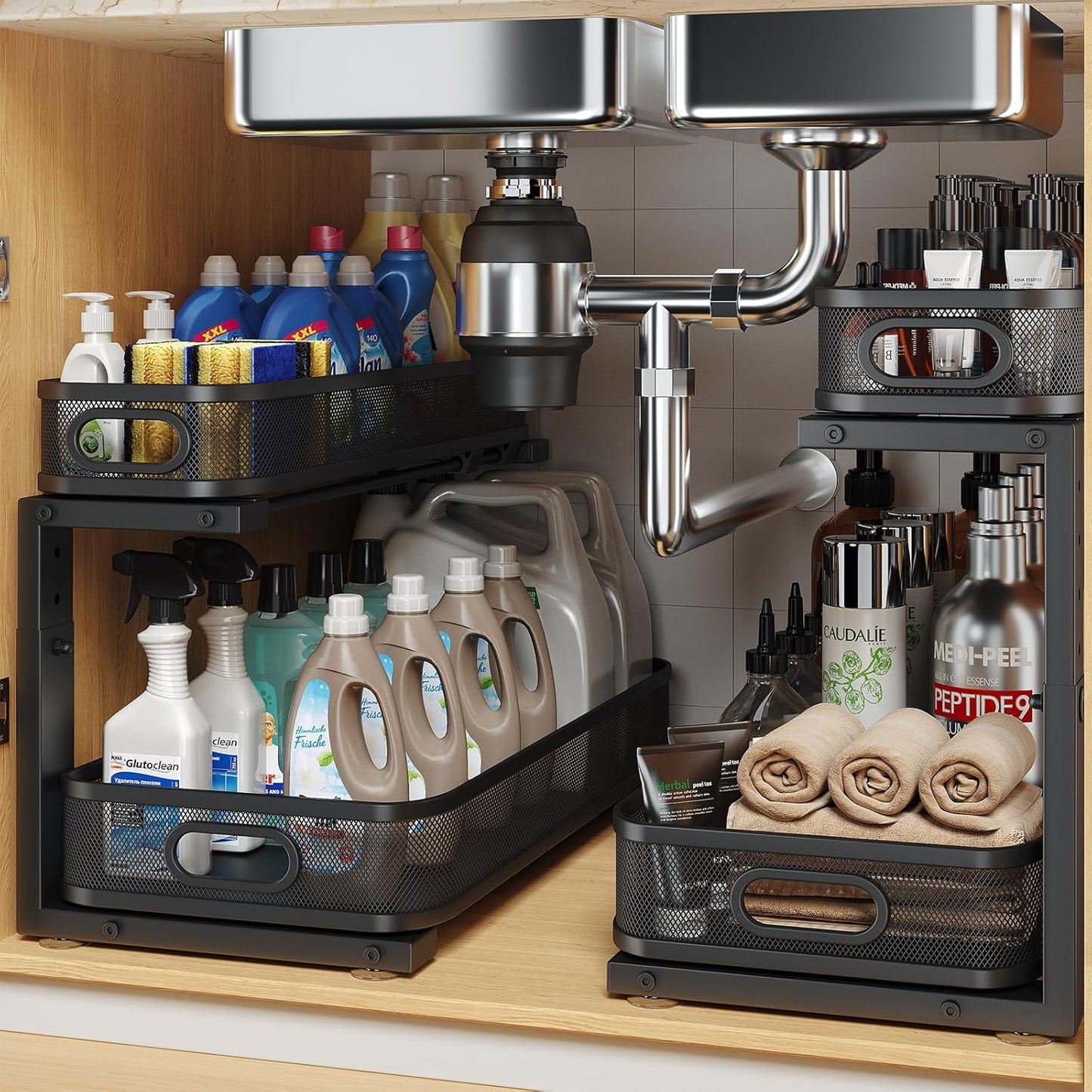 2 Pack 19.3IN-Depth Under Sink Organizer with Smooth Cylindrical Rail,2-Tier Pull Out Multi-Purpose Cabinet Storage for Bathroom&Kitchen,Height Adjustable,Rust-Resistant Coating-Black