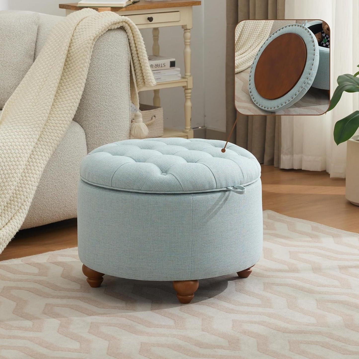 24Inch Round Storage Ottoman with Tray, Modern Tufted Fabric Circle Coffee Table with Storage, Upholstered Ottoman with Removable Top for Living Room, Bedroom, Light Blue
