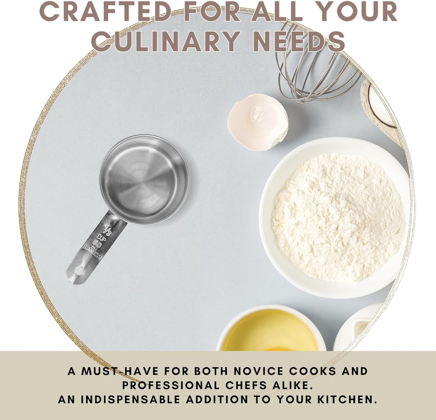 1/3 Cup Stainless Steel Measuring Cup | Sturdy Metal 80 ml | 80 cc | 3 oz | Single Cup for Wet and Dry Ingredients | Great for use as 1/3 Cup Dog Food Scoop - 4 PK