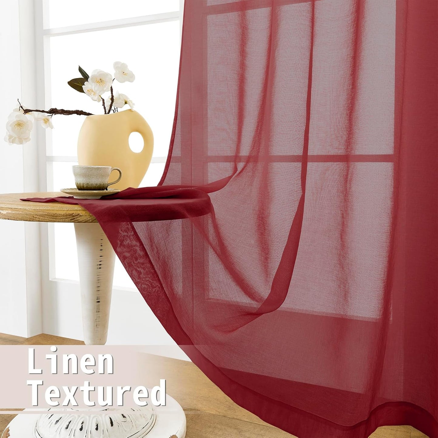 Tollpiz Sheer Door Curtains Closet Linen Textured Curtain Sheers Doorway Light Filtering Voile French Door Rod Pocket Curtains Patio Glass Door, 54 x 63 inches Long, Burgundy Red, Set of 1 Panel
