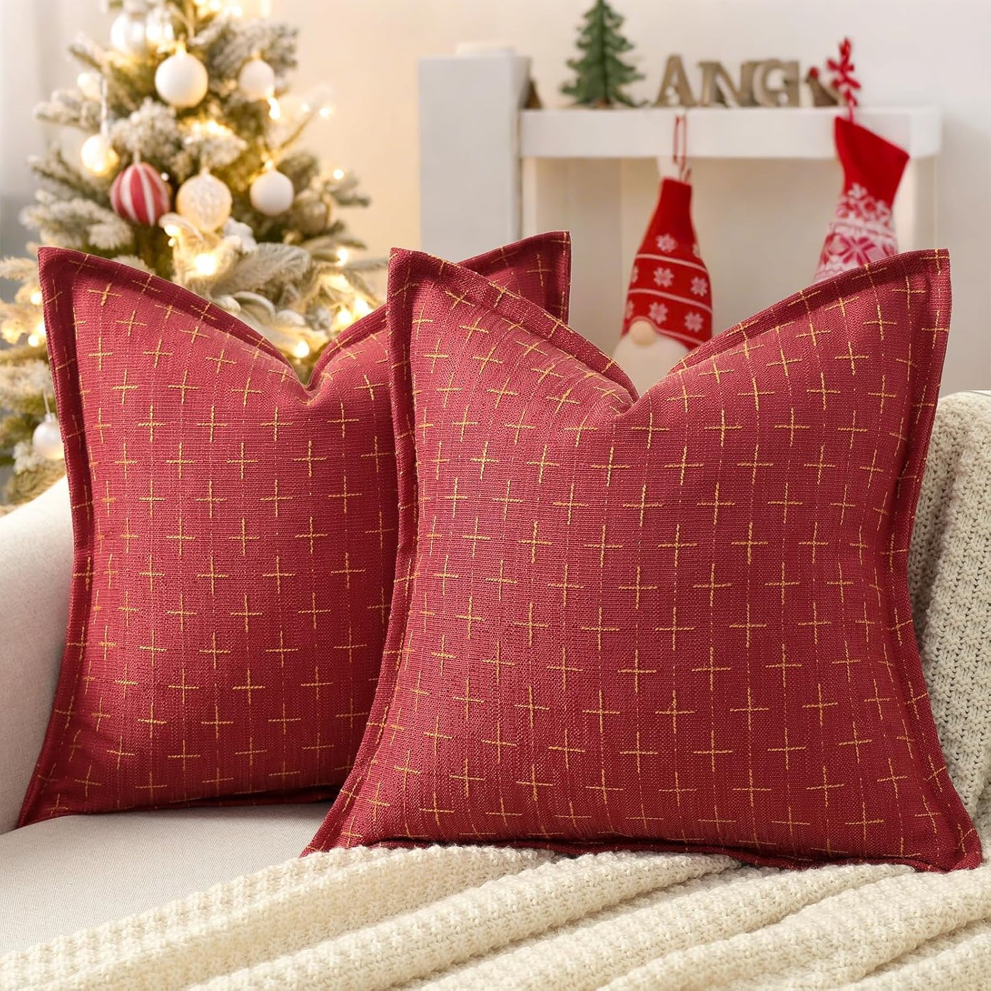 ZWJD Christmas Pillow Covers 12x20 Set of 2 Soft Polyester Textured Pillowcases with Stylish Flange Edge Cozy Farmhouse Christmas Pillows for Couch Bed Sofa Living Room (Red)