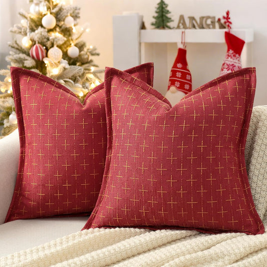 ZWJD Christmas Pillow Covers 26x26 Set of 2 Soft Polyester Textured Red Pillows with Stylish Flange Edge Cozy Farmhouse Christmas Decor for Couch Bed Sofa Living Room (Red)