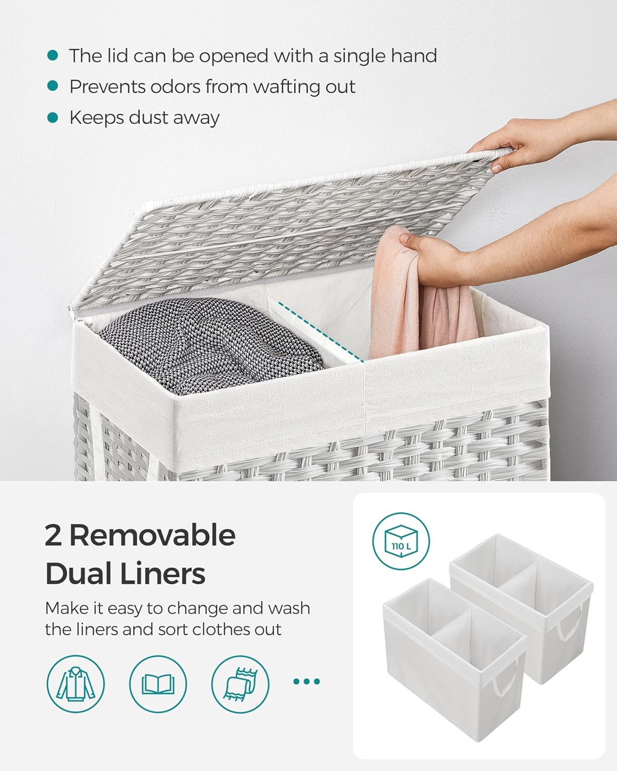 SONGMICS Laundry Hamper with Lid, 110L Clothes Hamper with 2 Removable Liner Bags, 6 Mesh Bags, Wicker Laundry Basket, Double Laundry Hamper for Laundry Room, 13 x 22.4 x 23.6 Inches, White ULCB52WT