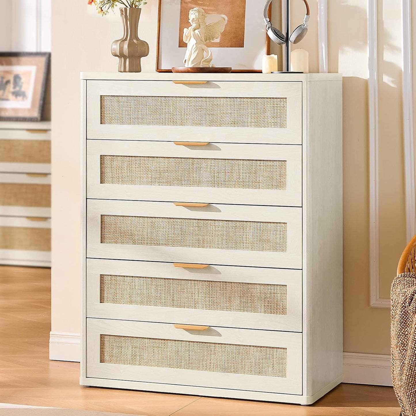 LEYAOYAO White Dresser for Bedroom, 41" Tall Chest of Drawers, Modern 5 Drawers Boho Rattan Dressers with Storage, Dresser Wooden Closet Organizer for Living Room, Hallway