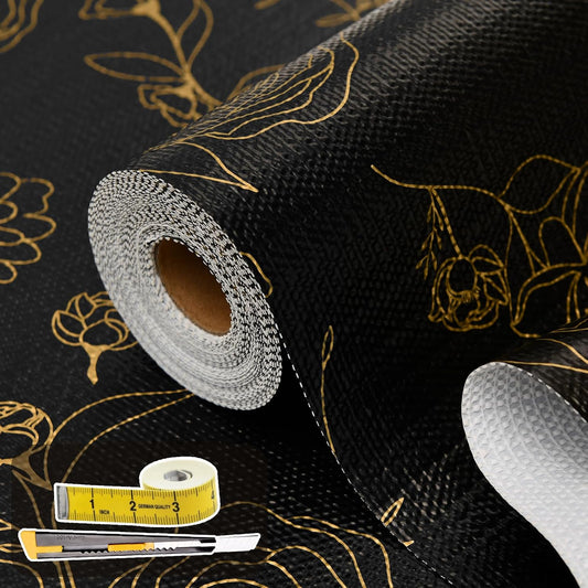 Shelf Liners for Kitchen Cabinets 17.5in x 20FT Non Adhesive Drawer Liner Black Floral Thickened Shelf Liner Paper Strong Non-Slip Easy to Clean for Tool Box Refrigerator with Knife and Tape Measure
