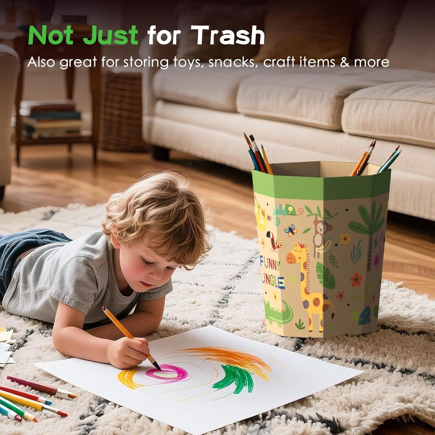 6-Pack Cardboard Trash Can – Foldable, Recyclable, Plastic-Free & Reusable Small Waste Paper Basket for Kids - Garbage Bin Perfect for Bedrooms, Playrooms, Children's Room & Outdoor (2.1 Gallon)