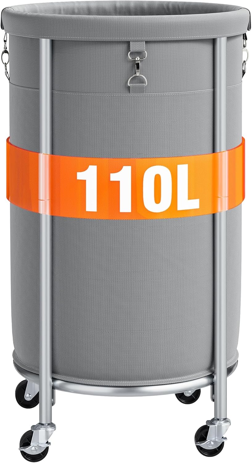 ELYKEN Laundry Hamper with Wheels, 110L Rolling Laundry Basket, Round Laundry Cart with Steel Frame and Removable Bag, 4 Casters and 2 Brakes, Dirty Clothes Hamper for Hotel, Home, Closet, Dorm, Gray