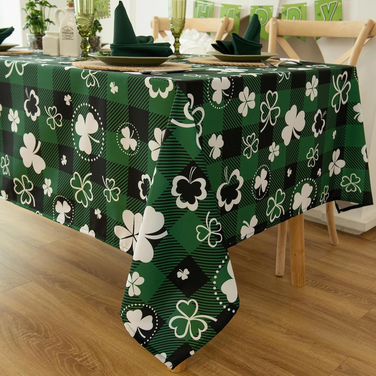 Green Gingham Shamrock Plaid Tablecloth - St. Patrick's Day Rectangular 58x102 Inch Water Resistant Table Cloth for Indoor/Outdoor Use - Holiday Table Cover for Kitchen and Parties