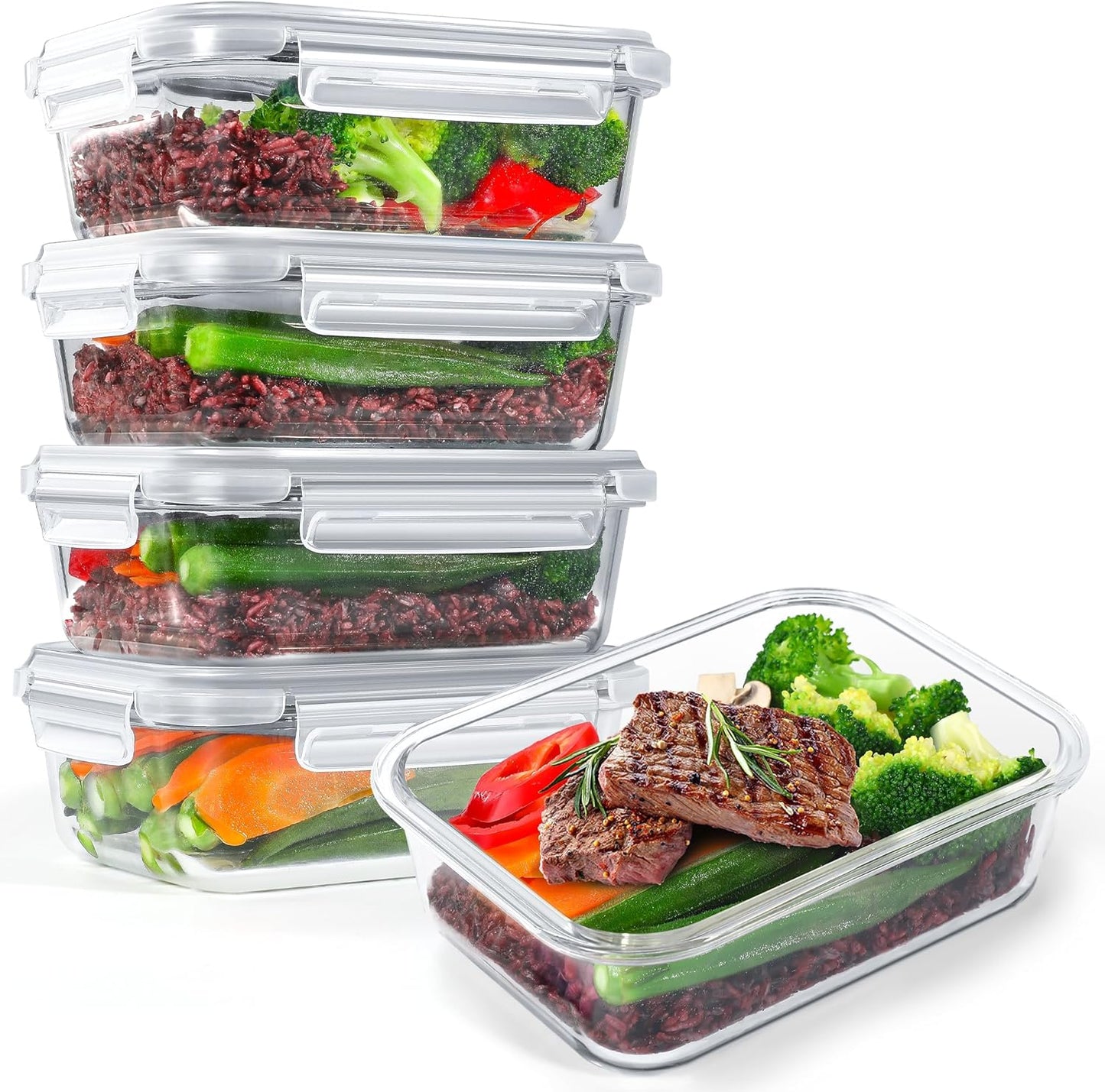 5-Pack 35 oz Borosilicate Glass Food Storage Containers with Lids, Stackable Airtight Glass Meal Prep Containers for Lunch & Leftover, BPA-Free & Leak Proof, for Microwave, Oven, Dishwasher