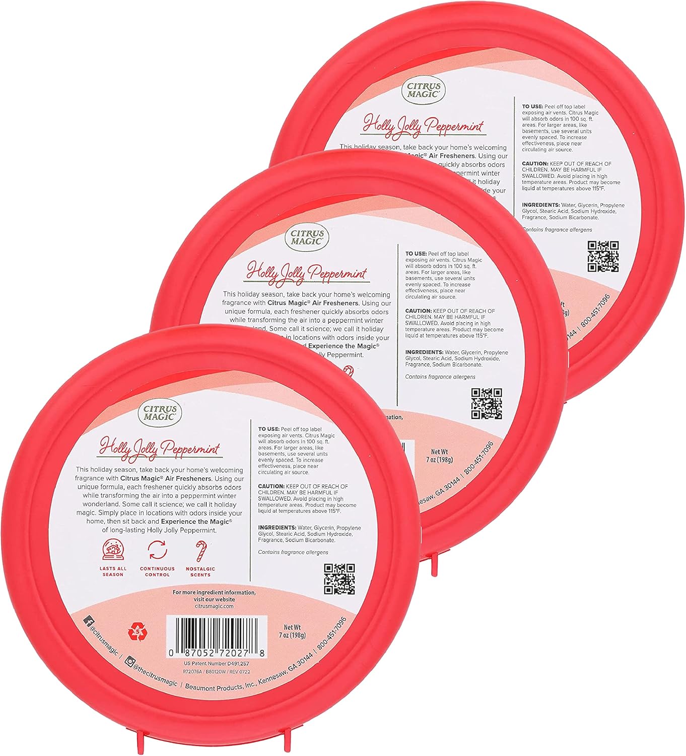 Citrus Magic Holiday Odor Absorbing Solid Air Freshener, Holly Jolly Peppermint, 7-Ounce, Pack of 3