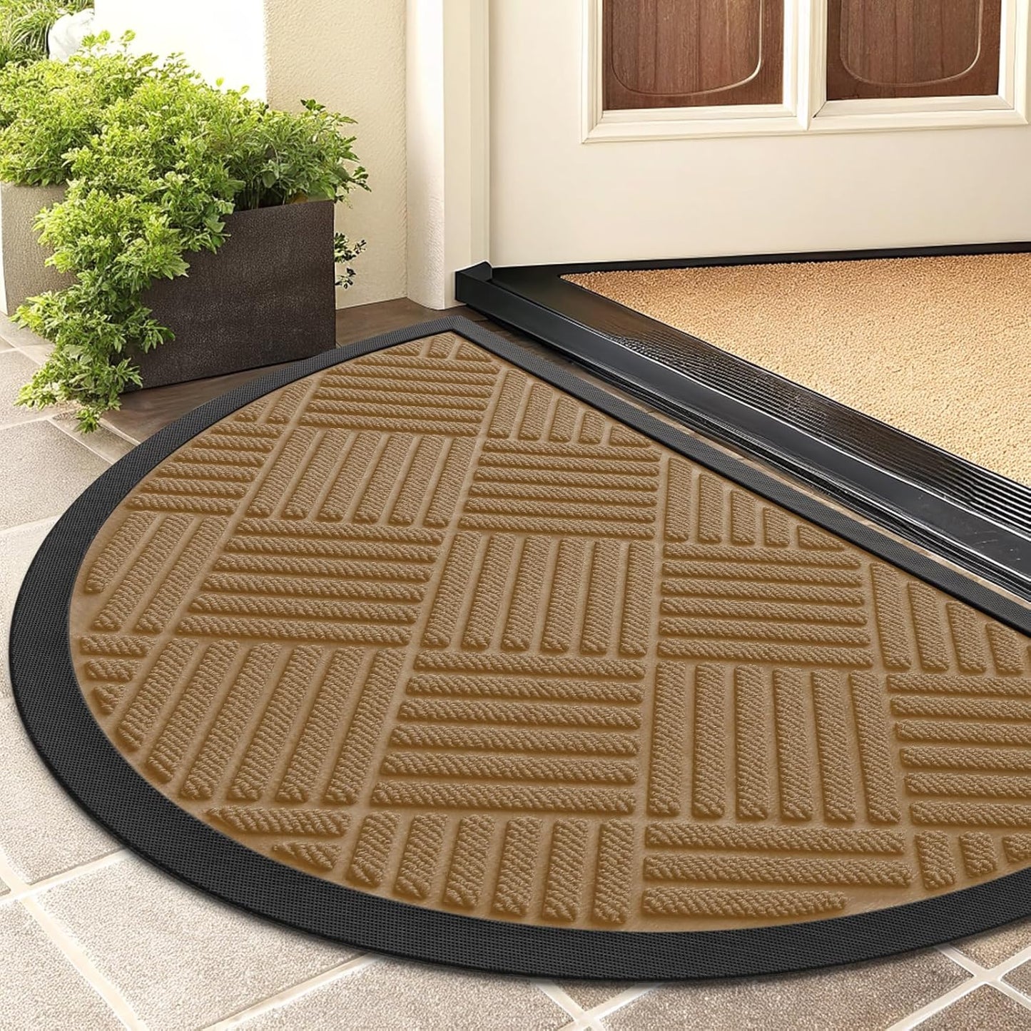 Smiry Half Circle Front Door Mat Outside Entrance, Heavy Duty Outdoor Indoor Natural Rubber Doormat, Non Slip, Trap Dirt and Moisture, Easy Clean Low Profile Patio Porch Entryway Mat, 29.5x17, Coffee