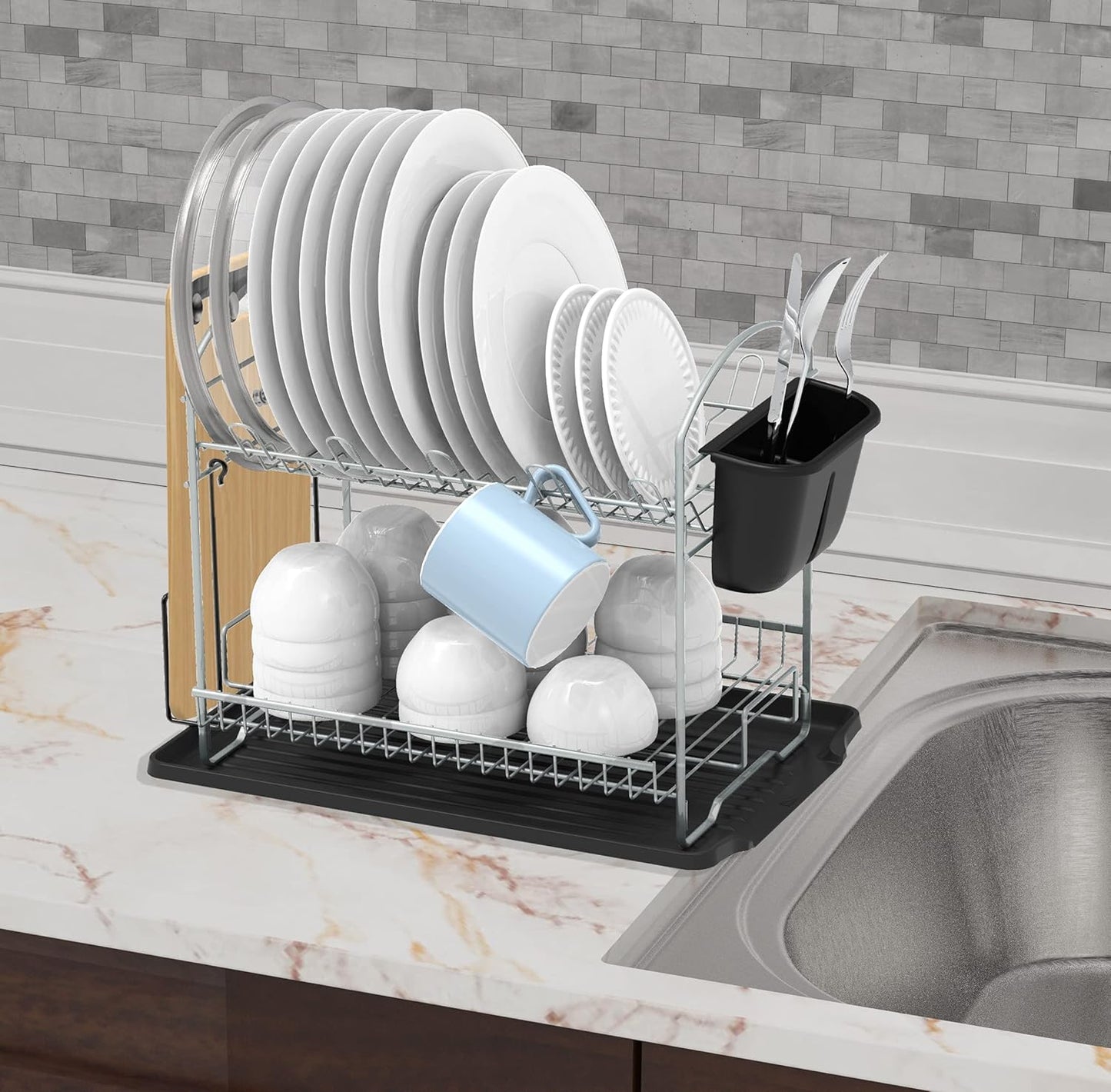 SIMPLE HOUSEWARE 2-Tier Dish Rack with Drainboard, Silver