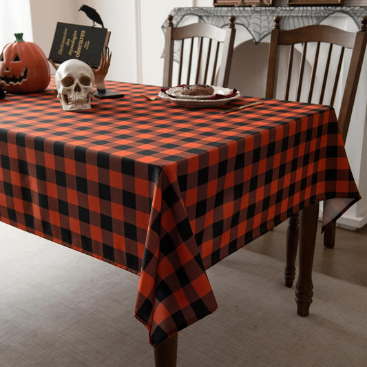 Waterproof Orange Plaid Tablecloth Fabric - Square 58x58 Inch Classic Gingham Checker Halloween Table Cloth for Indoor Use - Fall Tabletop Cover Perfect for Picnics, BBQs, and Parties