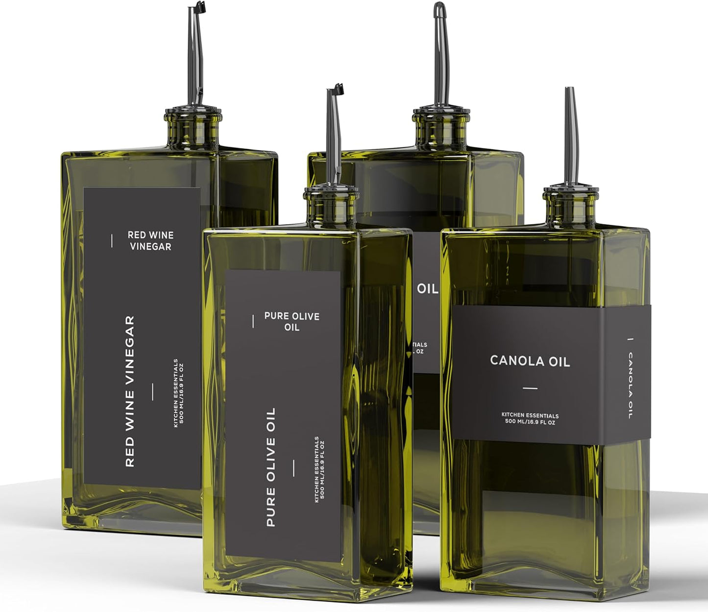 Olive Oil Dispenser for Kitchen, 16.9 oz/ 500 ml Olive Oil Dispenser Bottle, Glass Oil Bottles for Kitchen with 8 Stainless Steel Pourers, 40 Labels, 4 Pcs, Green