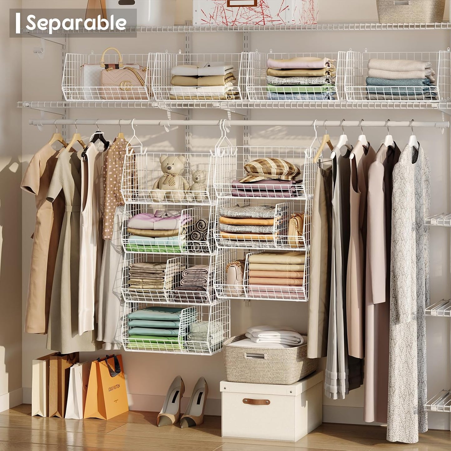 5 Tier Extra Large Closet Hanging Shelves with Divider,2 Pair Hook,16.5"L x 11.8"W x 51.4"H Closets Organizers and Storage,Clothes Organizer Clothing Sweaters Shoes Handbags Clutches Accessories-White