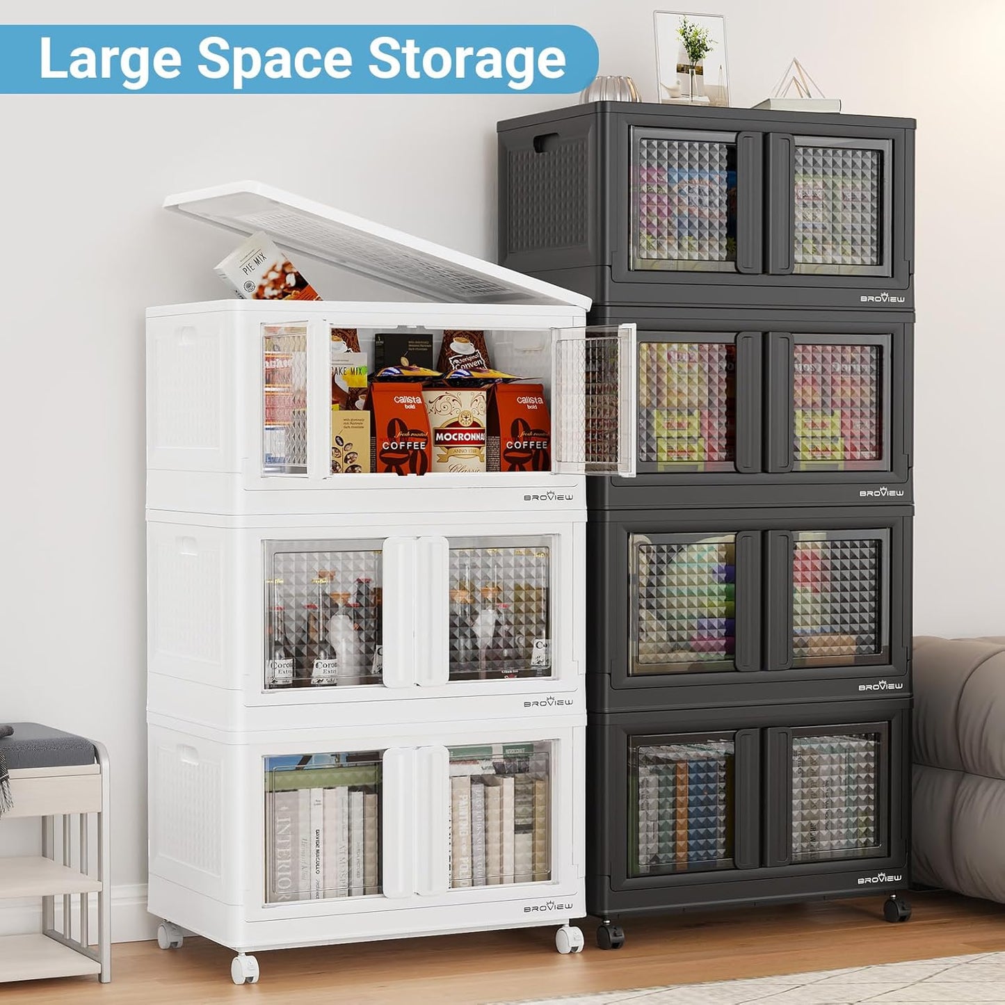 BROVIEW 300Qt Stackable Storage Bins with Lids, 75Gal Closet Organizers and Storage Drawer, Plastic Collapsible Storage Bins with Doors, Heavy Duty Store Box Cabinet for Home Kitchen, 3Pack White