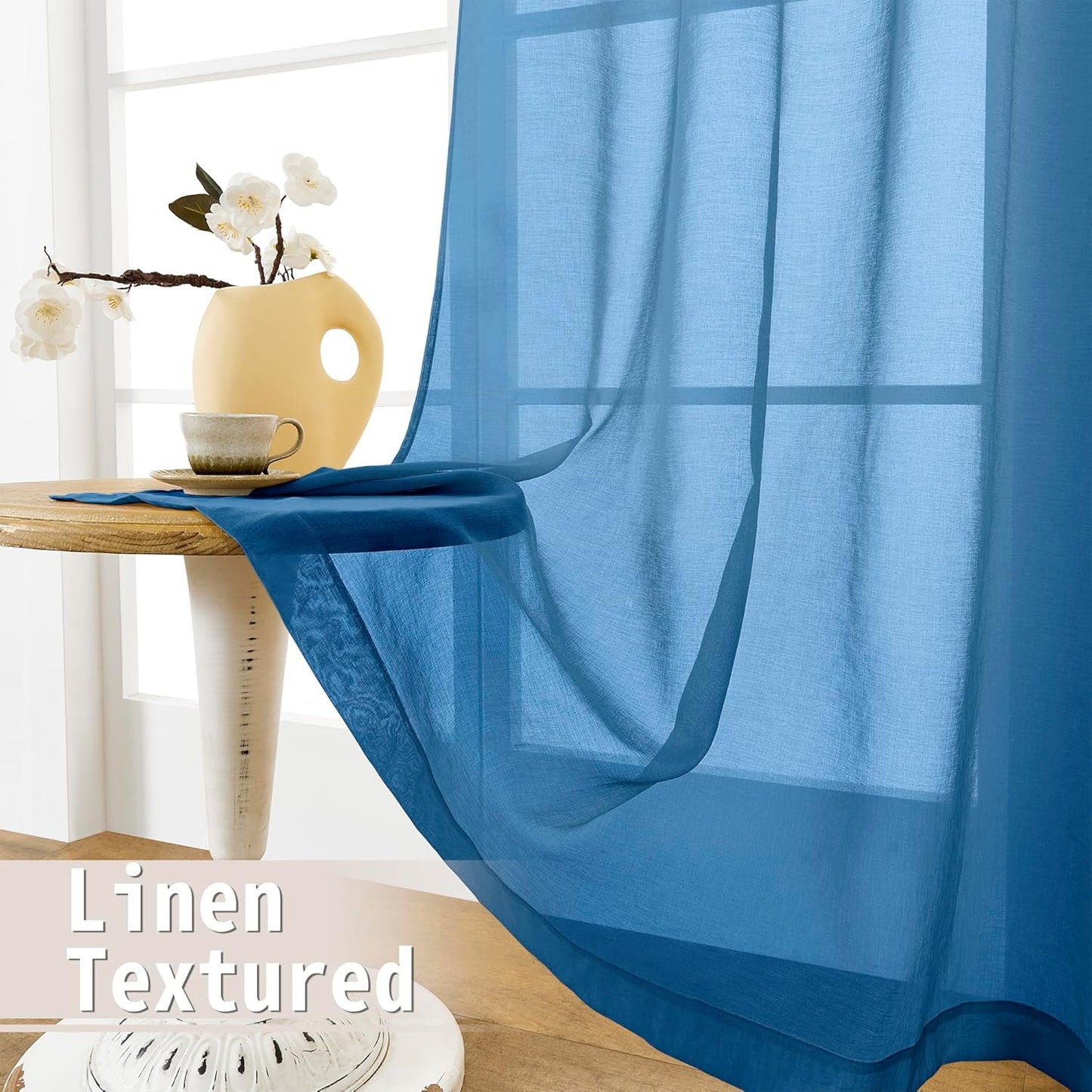 Tollpiz Sheer Curtains Closet Linen Textured Curtain Sheers Doorway Light Filtering Voile Patio Glass Door Rod Pocket Curtains French Door, 54 x 80 inches Long, Classic Blue, Set of 1 Panel