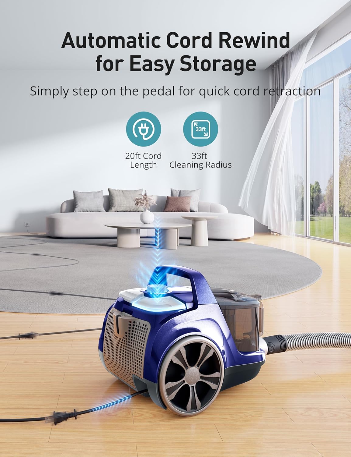 Aspiron Canister Vacuum, Upgraded 1600W Bagless Canister Vacuum Cleaner, Auto Cord Rewind, H13 HEPA Filter, 3.7Qt Large Capacity, 5 Tools for Hard Floors, Carpet, Pet, Upholstery, Tiles, Car, Navy