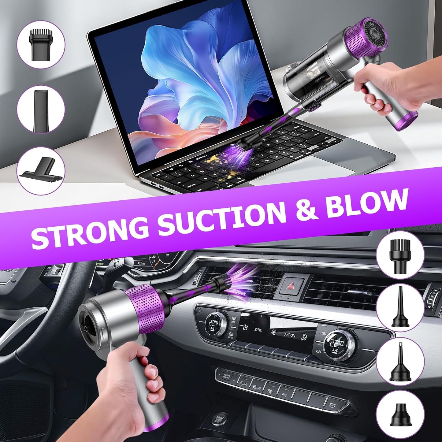 EYYA Handheld Car Vacuum Cleaner Cordless, 16000PA Powerful Hand Held Vacuum Cordless Rechargeable, 4-in-1 Portable Mini Vacuum & Air Duster with Multi-Nozzles and LED Light for Car Home Office