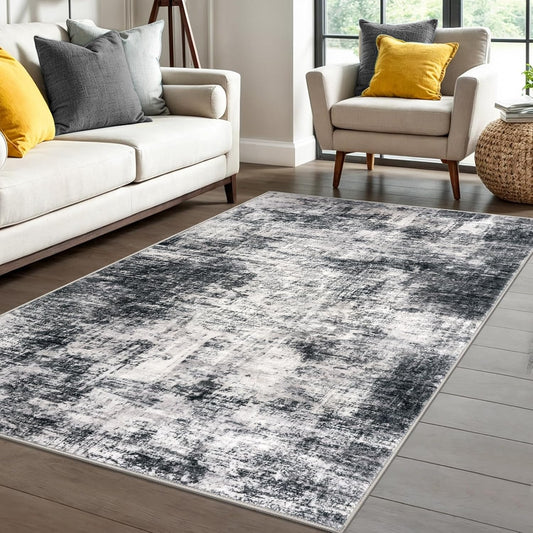 IOHOUZE Abstract Area Rug 4x6 Ft Washable Rugs for Entryway Indoor, Non Slip Small Living Room Rugs Printed Faux Wool Throw Rug, Floor Carpet for Kitchen Nursery Playroom, Black Grey