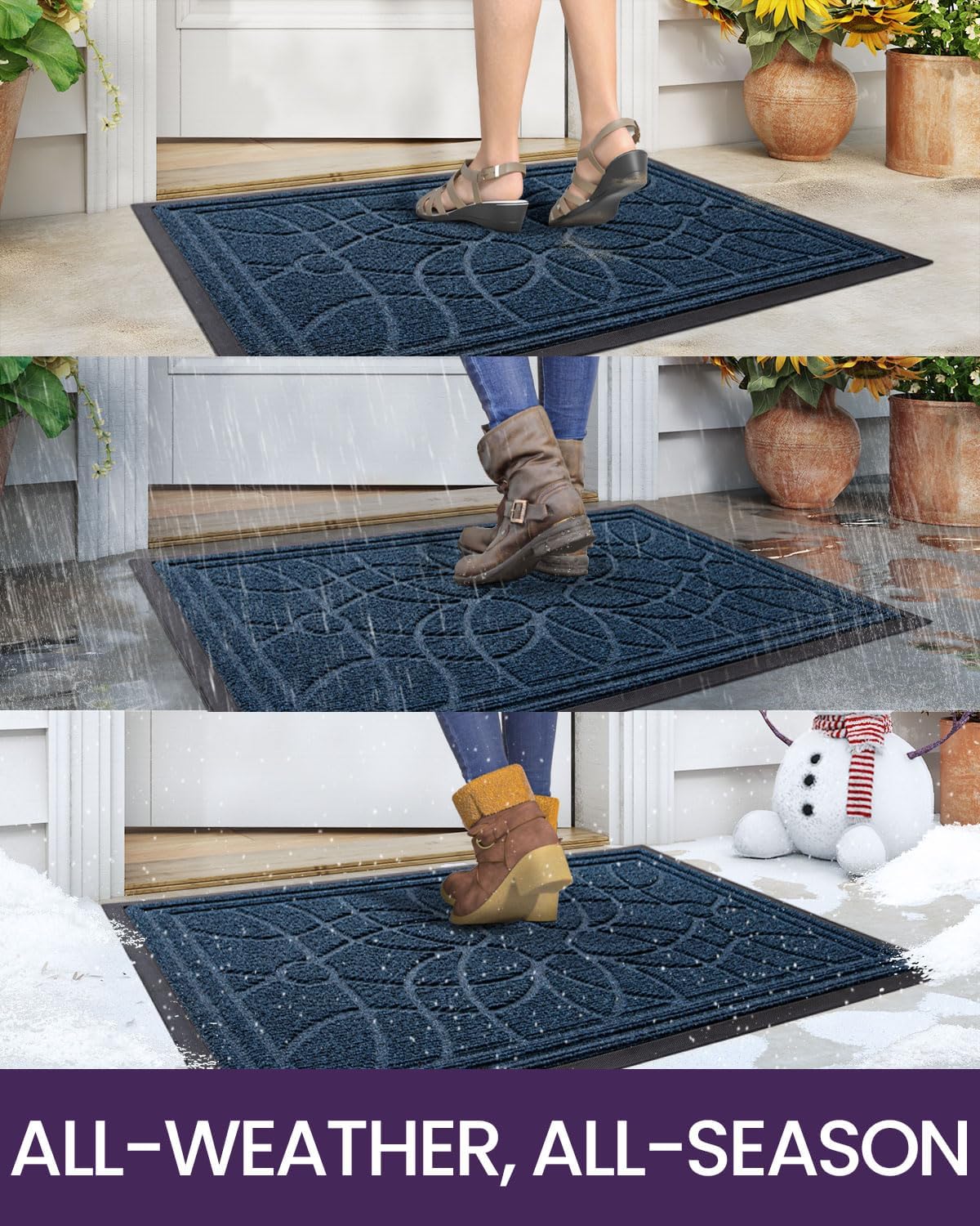 DEXI Front Door Mat Outside Entrance, Heavy Duty Non Slip Low Profile Doormat for Entryway, Trap Dirt and Moisture Welcome Mats, Easy Clean, Patio, Garage, 3x2, Blue