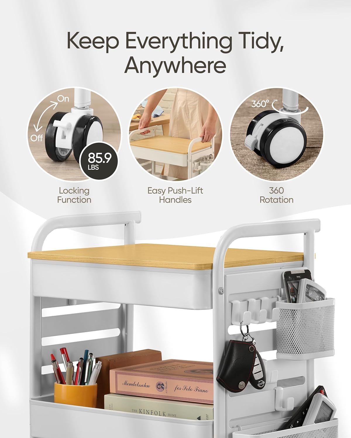 Art Cart with Tabletop & Pegboard - 3-Tier Rolling Utility Cart with Wheels, 2 Baskets & 6 Hooks - Metal Storage Organizer for Home, Office, Crafting & Kids’ Art Supplies (White)