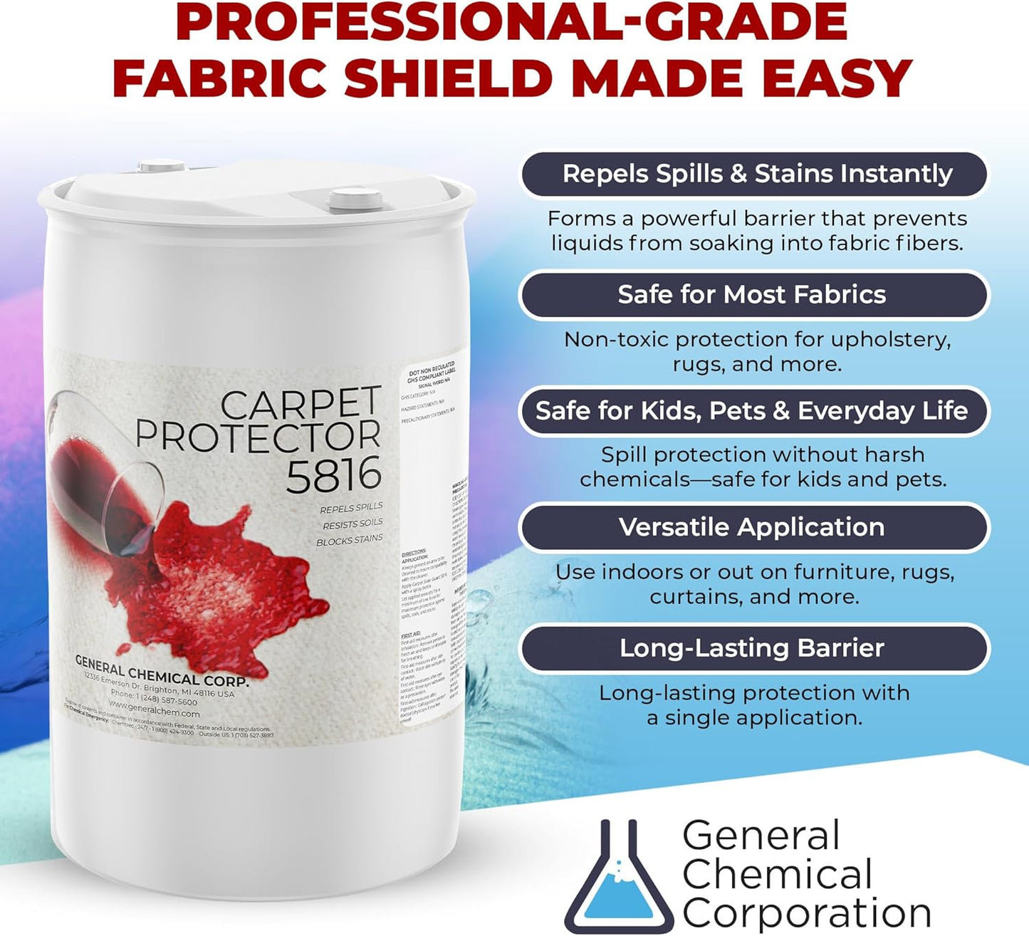 General Chemical Stain Shield Spray - Safe Fabric Protector Spritz and Stain Guard 5816 for Upholstery, Carpets, Rugs, Drapes & More - Impermeable Protectant Spray for Outdoor & Indoor Use - 55 Gallon