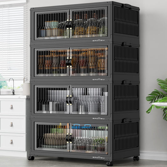 BROVIEW 480Qt Stackable Storage Bins with 4 Lids, Extra Large Closet Organizer Collapsible Drawer Boxes with Wheels, Folding Plastic Cabinet Containers for Home Kitchen Room Organization, 4Pack Black