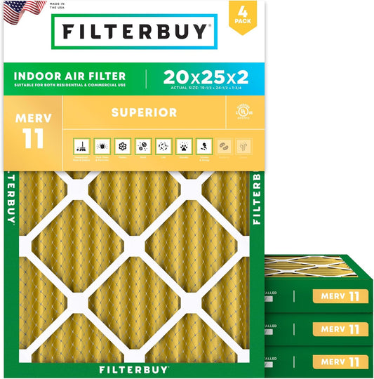 Filterbuy 20x25x2 Air Filter MERV 11 (MPR 1200) Allergen Defense Replacement (4-Pack), Electrostatic Pleated HVAC AC Furnace Filters, Made in USA (Actual Size: 19.50 x 24.50 x 1.75)