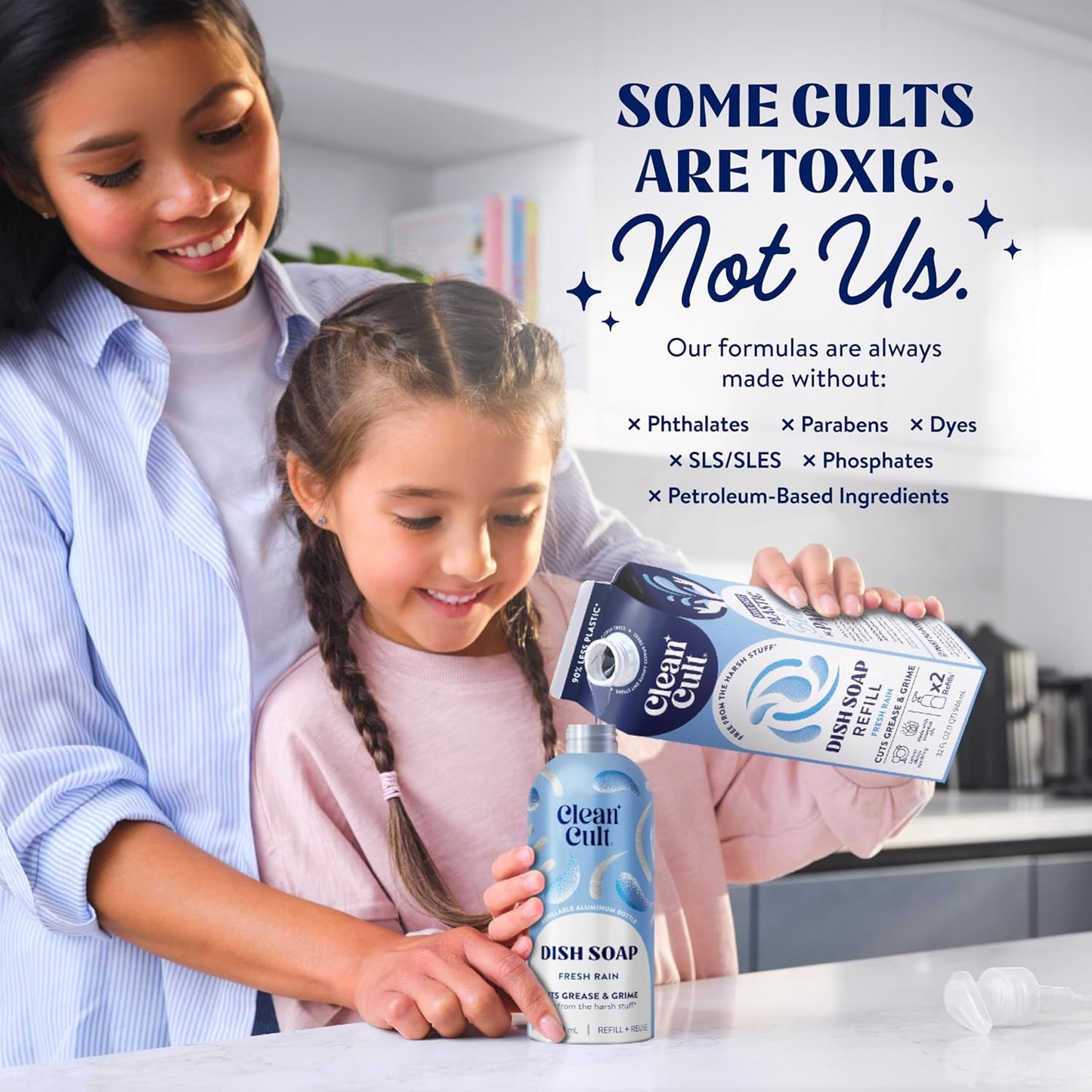 Cleancult Dish Soap Liquid Refill (32oz, 1 Pack) - Plant Based Cleaning Power - Dish Soap that Cuts Grease & Grime - Free of Harsh Chemicals - Uses 90% Less Plastic - Fresh Rain