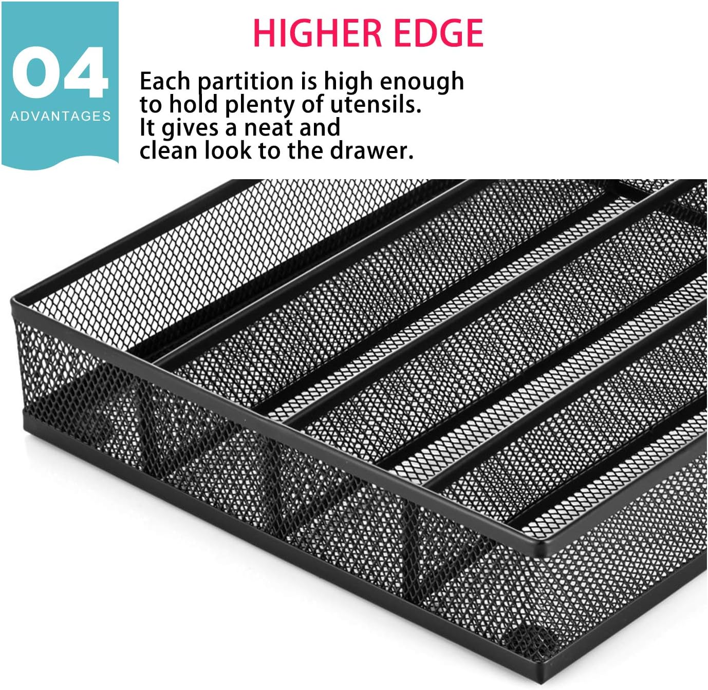 JANE EYRE Utensil Drawer Organizer, Cutlery Tray Silverware Flatware Storage Divider for Kitchen, Mesh Wire with Non-slip Foam Feet, 5 Component, Black