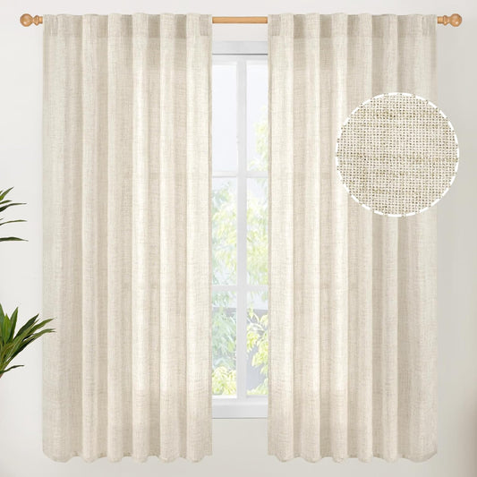 YoungsTex Boho Linen Curtains 63 Inch Length 2 Panels for Living Room - Cream Semi Sheer Window Drapes Light Filtering with Back Tab Rod Pocket Rustic for Country Bedroom, 52 X 63 Inch