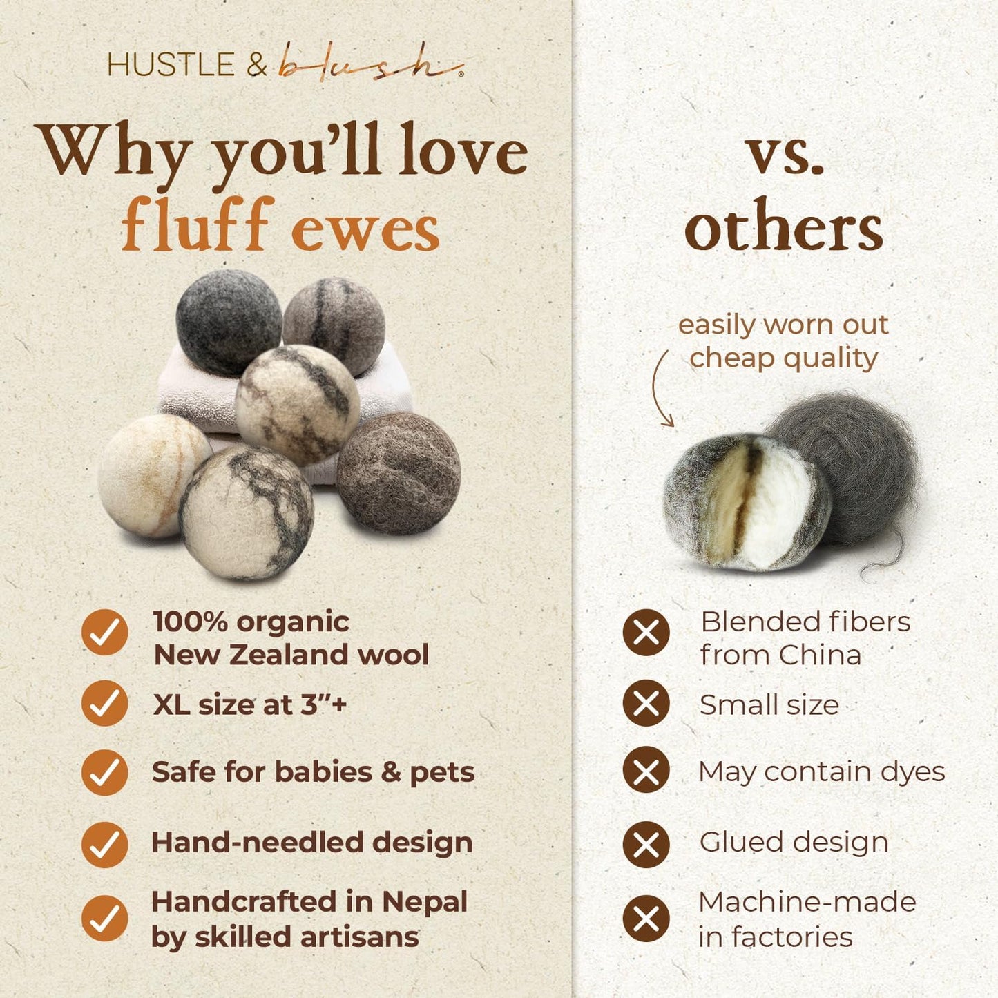 Fluff Ewes Wool Dryer Balls 6 Pack Premium New Zealand Wool Laundry Balls for Dryer, No Static Dryer Balls Laundry Reusable Cute, XL Wool Dryer Balls Cute, Baby Dryer Balls for Dryers - Marble