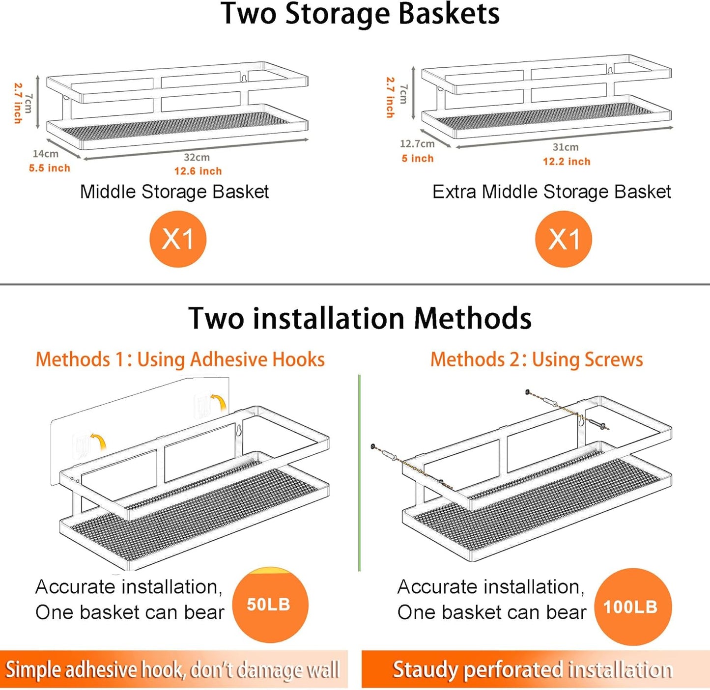 PUSDON Hanging Storage Baskets Organizer Wall Mount, Metal Wire Storage Bin Rack for Kitchen Bathroom Shower Spice Shelf Home Decor Essentials Black-2 Packs(Guardrail)