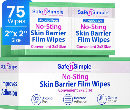 Safe n' Simple No Sting Skin Prep Wipes - 75 Individual 2" x 2" Ostomy Barrier Film Wipes - Skin Prep Protective Wipes - Bandage Medical for Skin