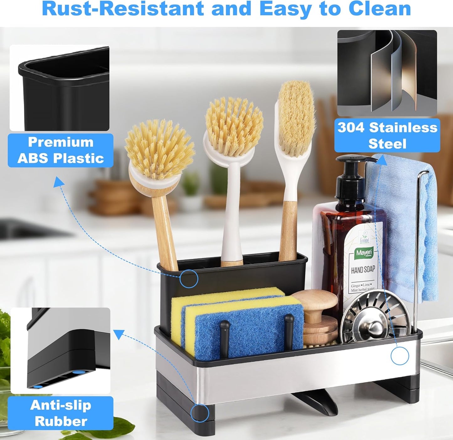 Stainless Steel Sponge Holder for Kitchen Sink Caddy Organizer Rack for Dish Brush Holder, Soap Dispenser and Wash Cloth with Rustproof Auto Drain Tray for Bathroom Countertop Storage