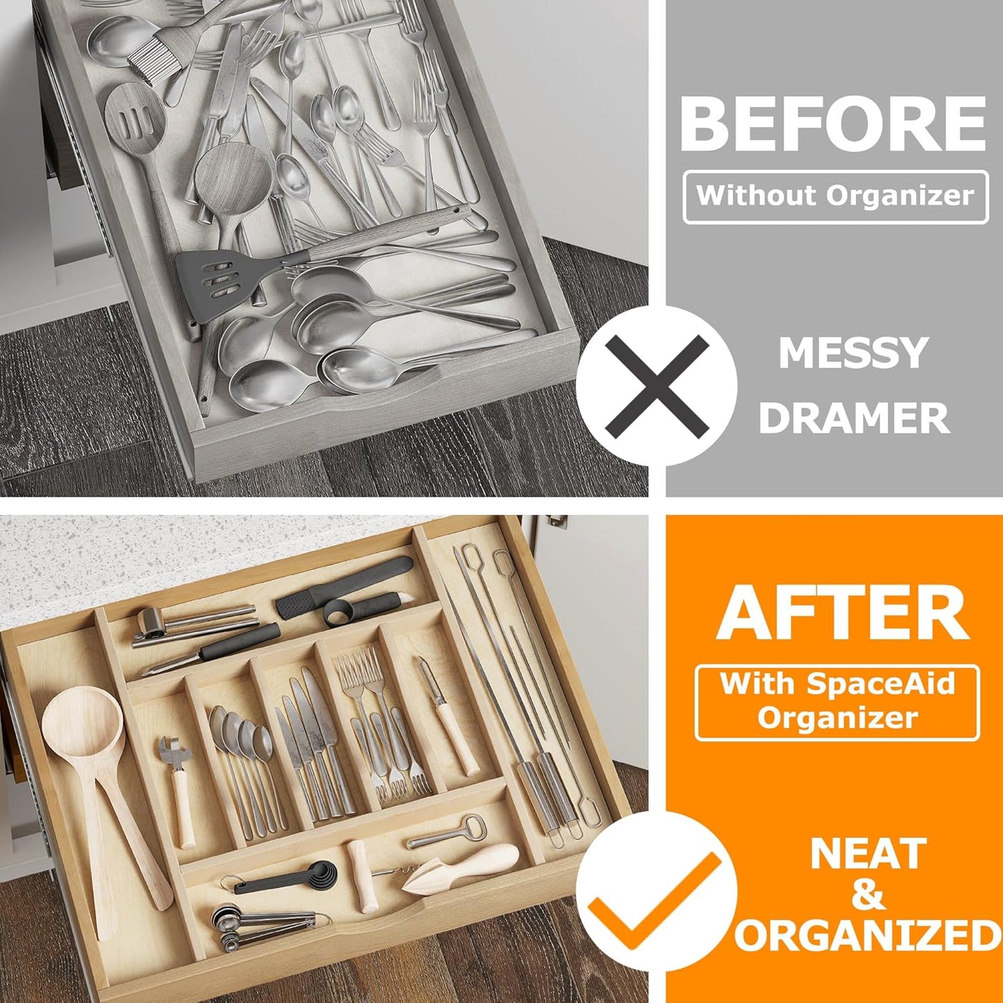 WelFurGeer Premium Wooden Silverware Organizer for Kitchen Drawers, Utensil Tray for Kitchen Drawer, Cutlery Drawer Organizer for Forks, Spoons, Knives - Sturdy Birchwood, Natural Finish