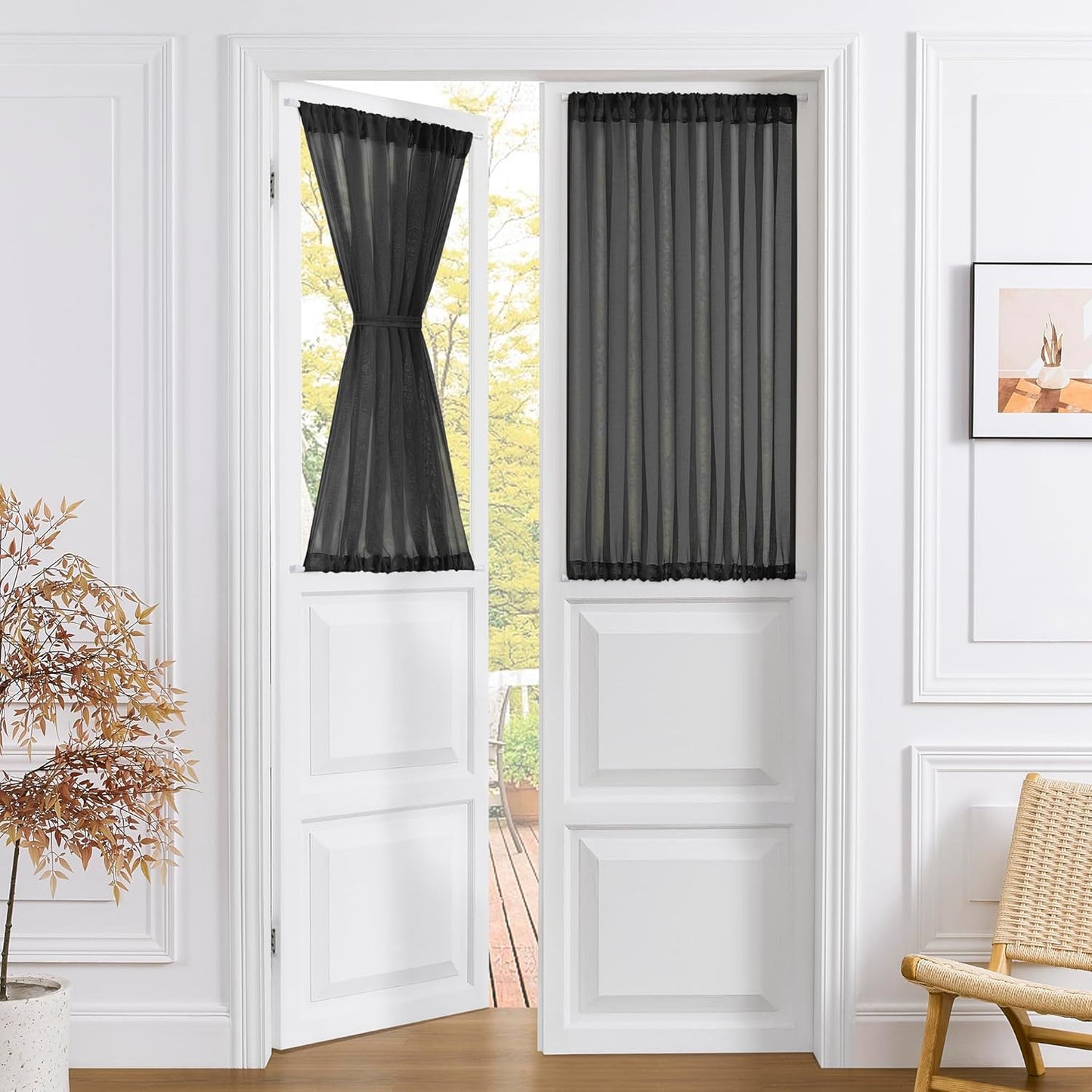 Tollpiz Sheer Linen Textured Curtain Sheers Doorway Light Filtering Voile French Door Rod Pocket Curtains Patio Glass Door, 54 x 63 inches Long, Black, Set of 1 Panel