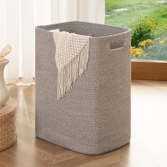 OIAHOMY Laundry Hamper, Laundry Basket，Rectangle Cotton Storage Basket with Handles, Large Blanket Basket for Living room, Woven Decorative Storage for Toys,Clothes,Pillows-16x13x22in-Grey variegated