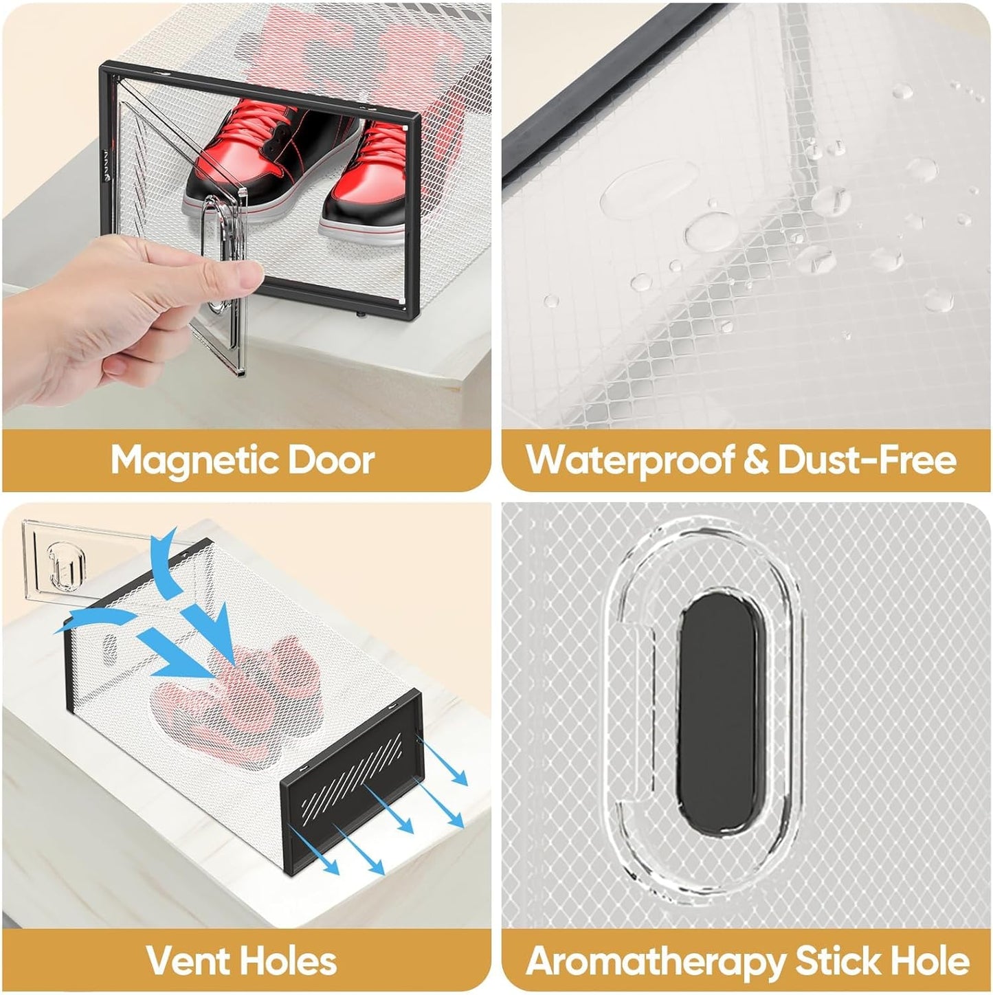 BALEINE 12 Pack Stackable Shoe Storage Boxes Fit Size 9, Thickened Clear Shoe Box Bins with Lids, Plastic Foldable Organizer Sneaker Storage Containers (Large, Black)