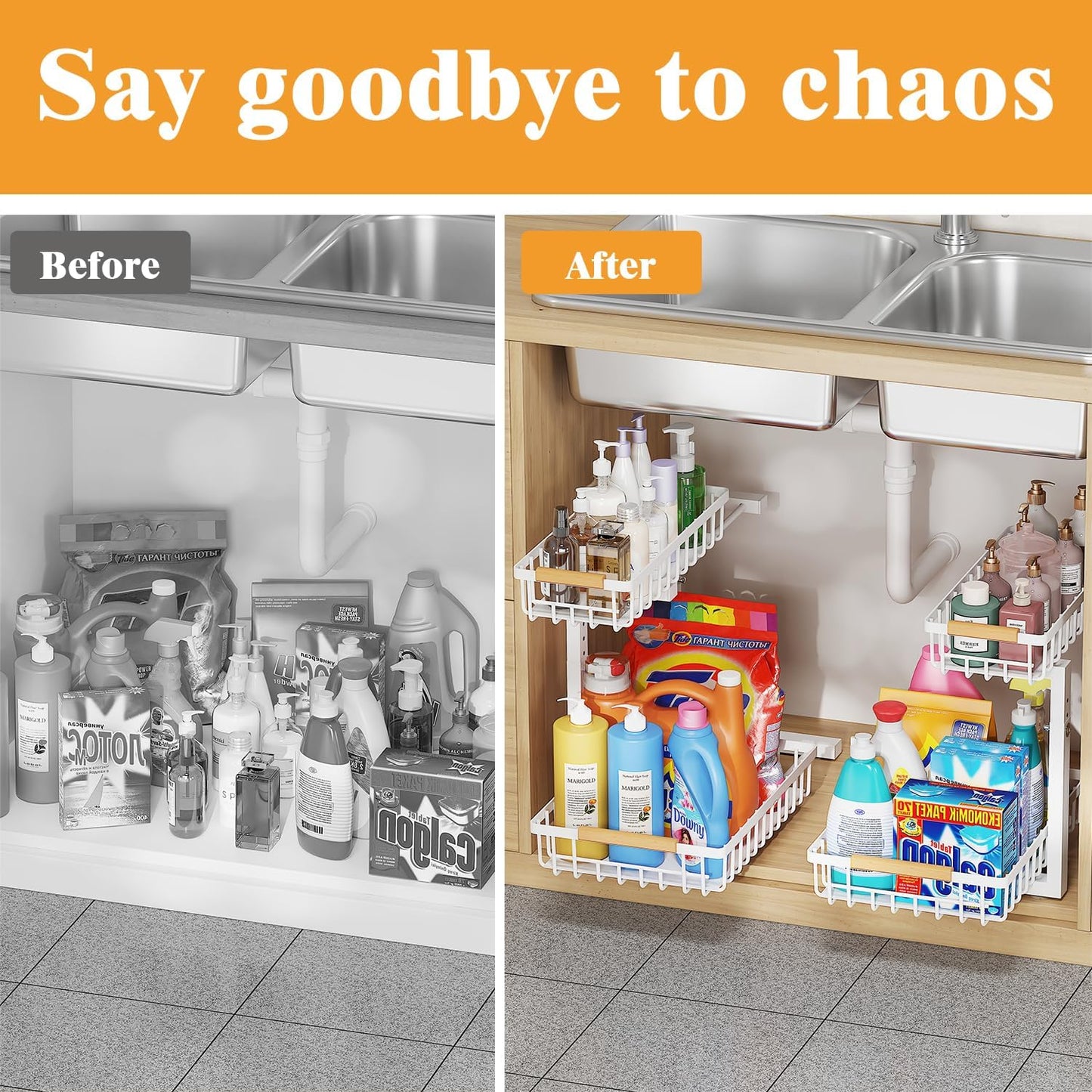 2-Tier Slide Out Under Sink Organizer – 2-Tier Pull-Out Storage Rack, Bathroom organizers and storage for Kitchen and Bathroom, Space-Saving Cabinet Organizer, Rustproof,（White)(2 Pack)