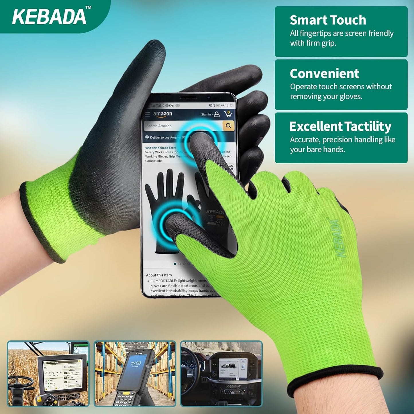 Kebada W1 Work Gloves for Men and Women, Touchscreen PU Coated Gloves with Grip, 50 Pairs Bulk Pack, Ideal for Warehouse Package Handling, Construction, Gardening, Green Medium