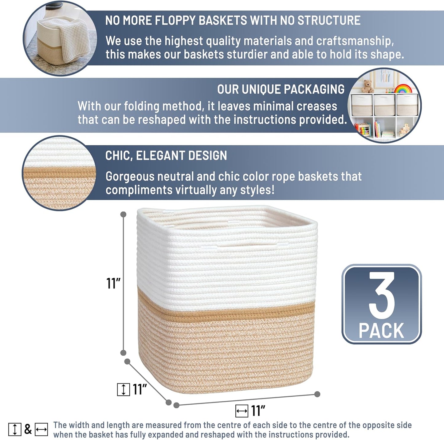 NaturalCozy Storage Cubes 11 Inch Cotton Rope Woven Baskets for Organizing, 3-Pack | Cube Storage Bin | Square Storage Baskets for Shelves Organizer, Classroom, Kids Toy Bins, Closet, Baby Nursery