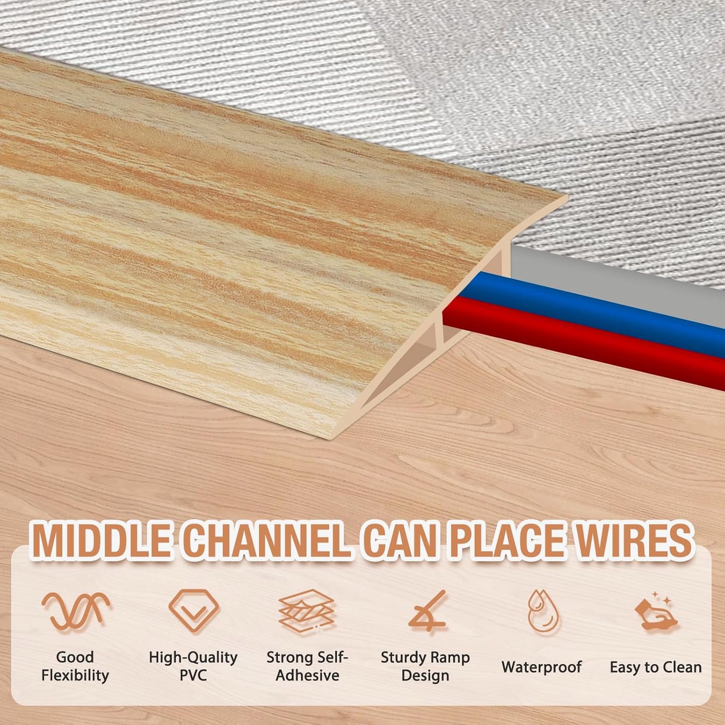 Floor Transition Strip Self Adhesive Vinyl Door Threshold for Doorways Carpet Edging Trim Overlap Edge Reducer for Laminate Floor, Carpet, Tile (Light Yellow Wood Grain, 3/5" to 4/5", 10Ft)