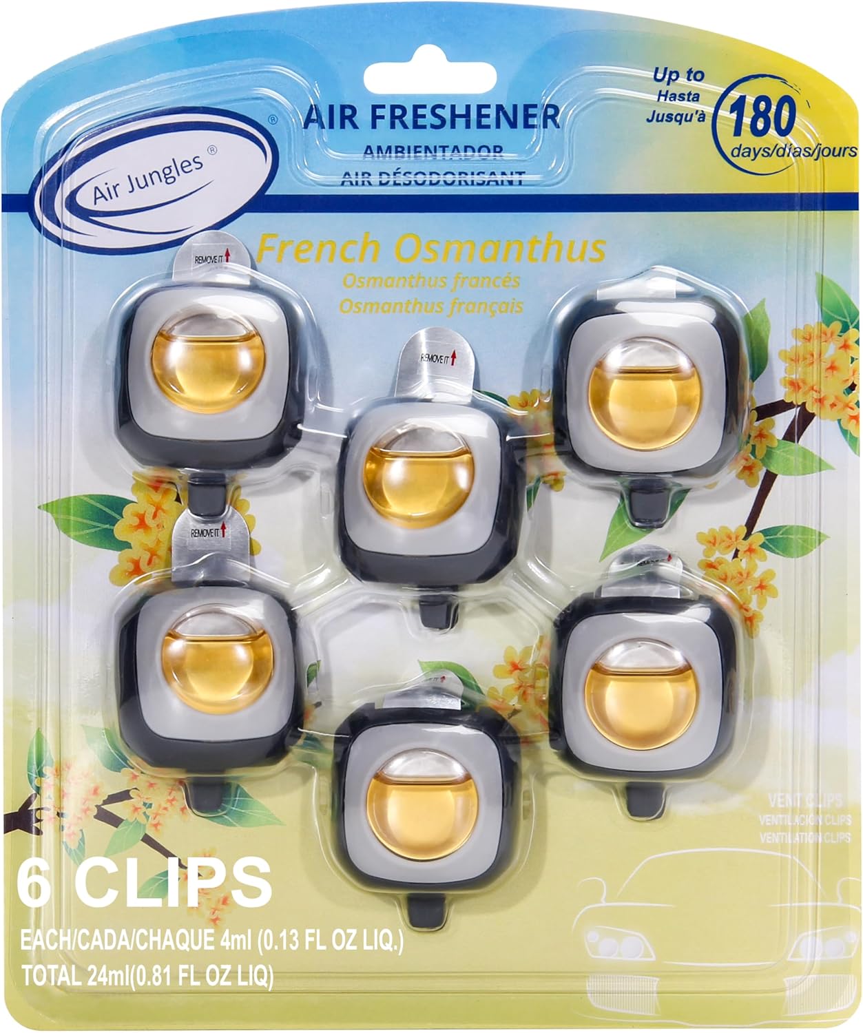 Air Jungles French Osmanthus Scent Car Air Freshener Clip, 6 Vent Clips, 4ml Each, Long Lasting Air Freshener, Up to 180 Days Car Refresher Odor Eliminator