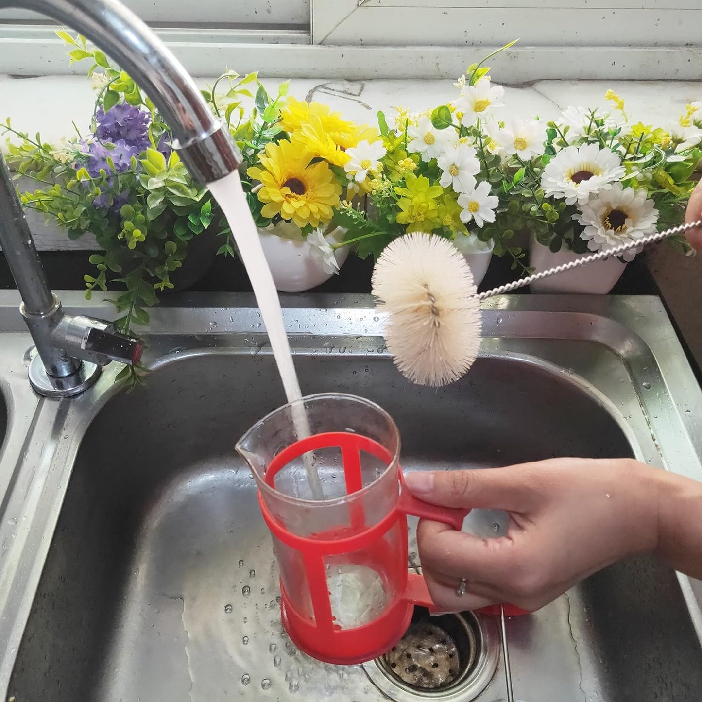 Coralpearl Bottle Brushes Thin Long Handle X 2, Skinny Wire Cleaner Set in Stainless Steel with Natural Boar Bristle at Wool Tip, Bendable Flexible for Cleaning Narrow Neck Bottles, Pipe, Tube, Hose