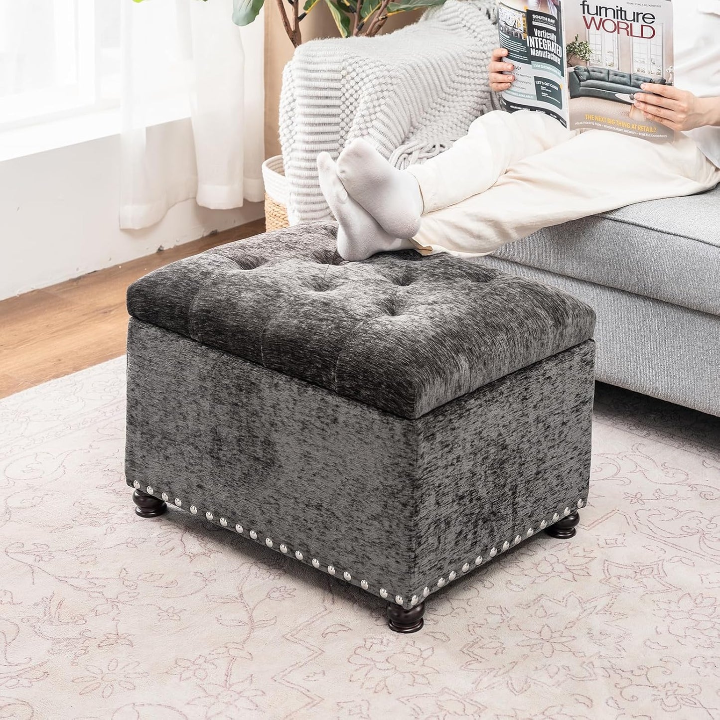 Joveco Storage Ottoman Bench, Rectangle 24" Velvet Foot Rest Stool Square Footstool for Living Room, Bedroom, Charcoal Grey