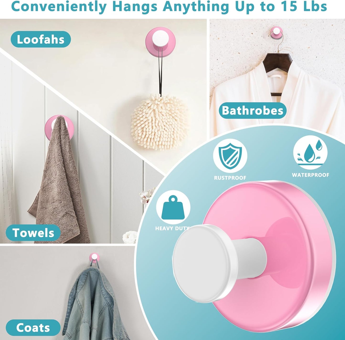 Suction Cup Hooks for Shower,Removable No Drill Towel Hooks,Upgraded 15 lbs Strong Suction hooks for Bathroom Tile,Shower Wall,Glass Door,Kitchen-Loofah,Coat,Stainless Waterproof-Pink White 4 Pcs