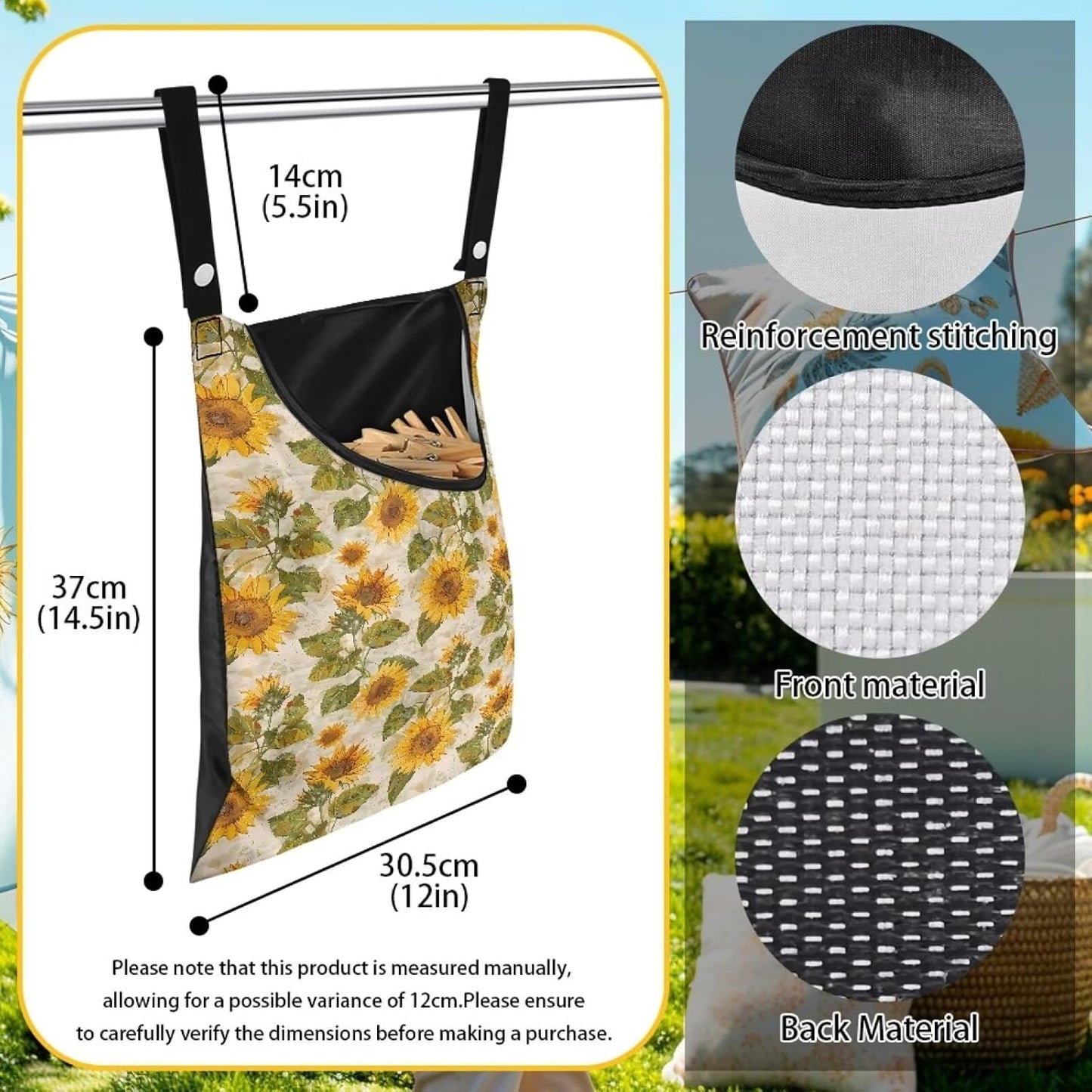 Sunflower Clothespin Organizer Bag with Hanging Hook Waterproof Clothes Pin Storage with Large Opening for Clothesline Outdoor